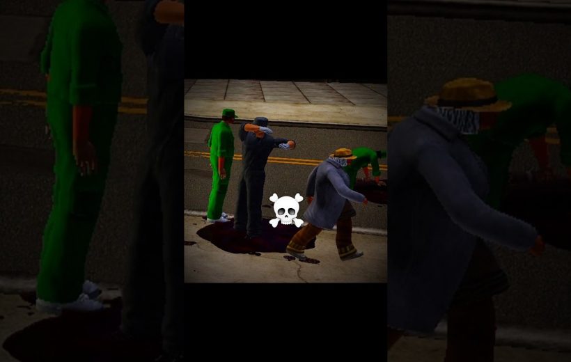 Four masked figures standing and leaning over a dark bloodstain on sidewalk