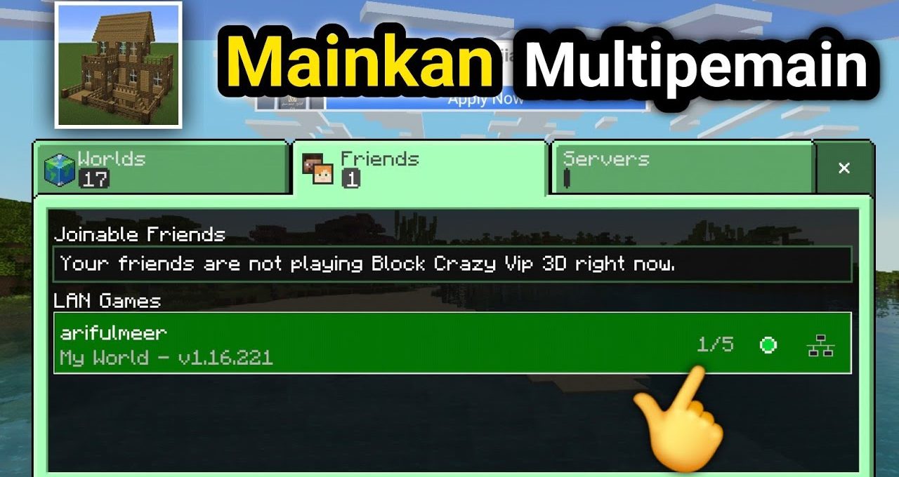 Minecraft Bedrock menu showing joinable LAN world with green highlighted server entry and finger icon