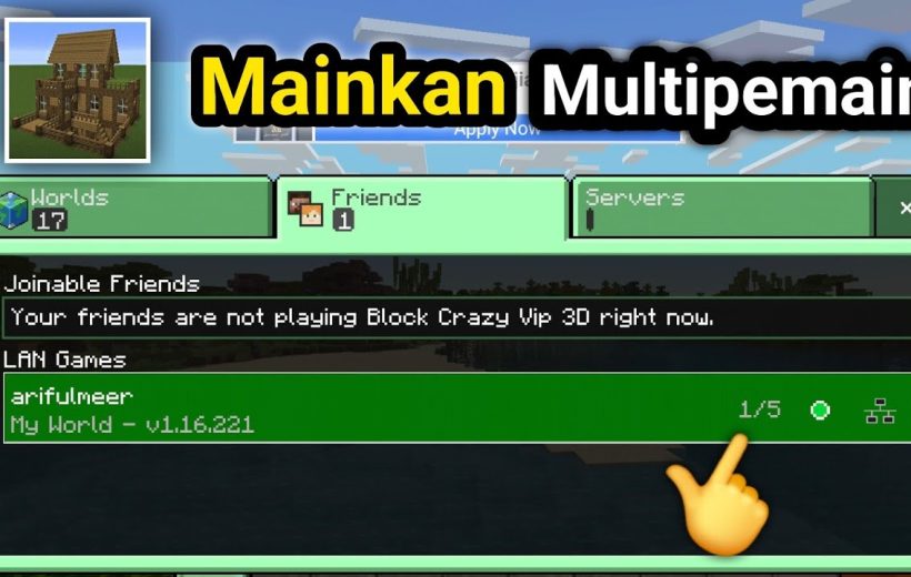 Minecraft Bedrock menu showing joinable LAN world with green highlighted server entry and finger icon