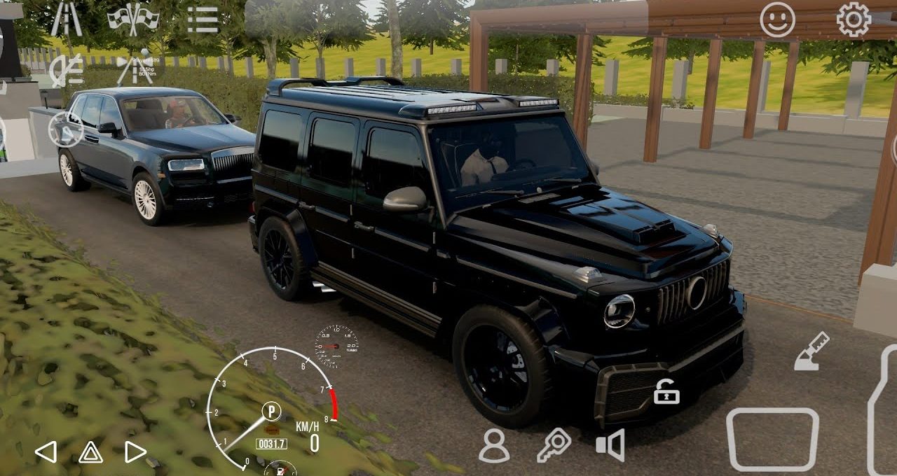 Black luxury SUV parked on driveway with a dark sedan waiting behind it