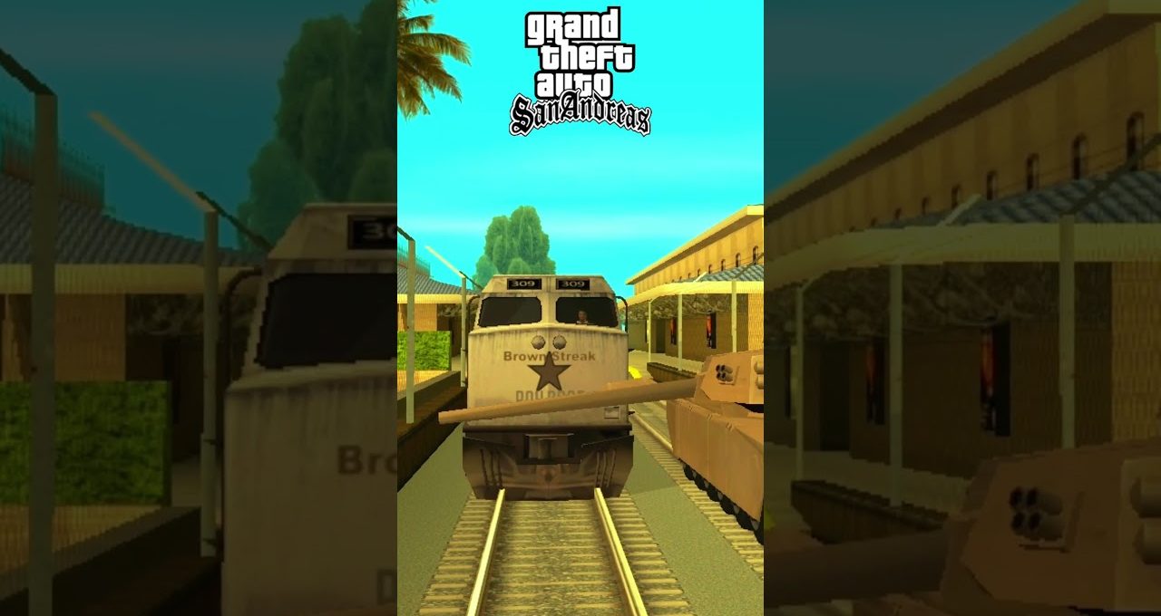 Train engine labeled "Brown Streak" approaching station platform with banners, from GTA San Andreas