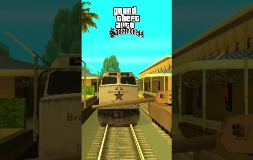 Train engine labeled "Brown Streak" approaching station platform with banners, from GTA San Andreas