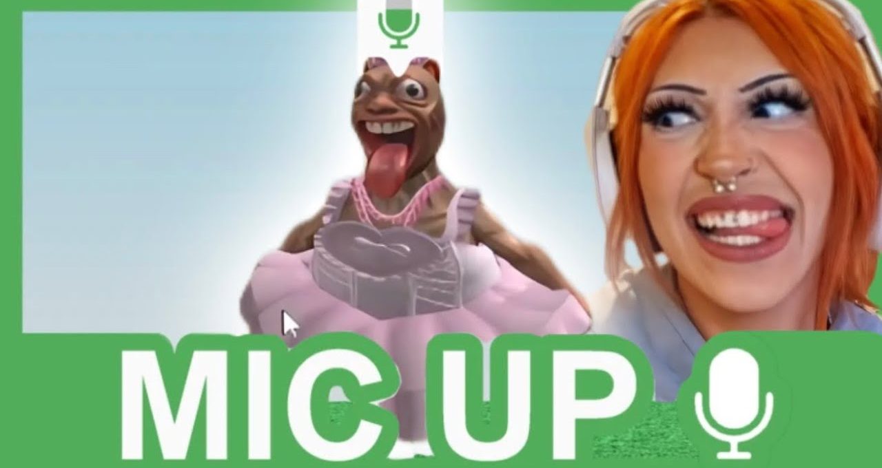Streamer with headphones making a silly face beside a cartoonish character wearing a pink dress