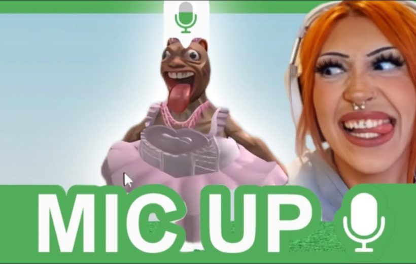 Streamer with headphones making a silly face beside a cartoonish character wearing a pink dress