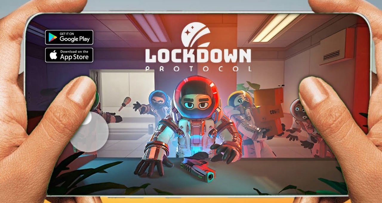 Hands holding phone showing Lockdown Protocol game with astronaut characters reaching toward viewer