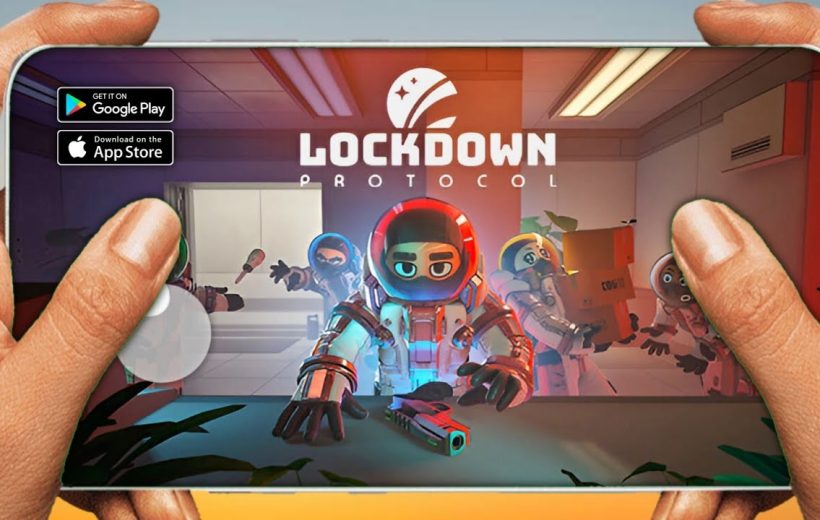 Hands holding phone showing Lockdown Protocol game with astronaut characters reaching toward viewer