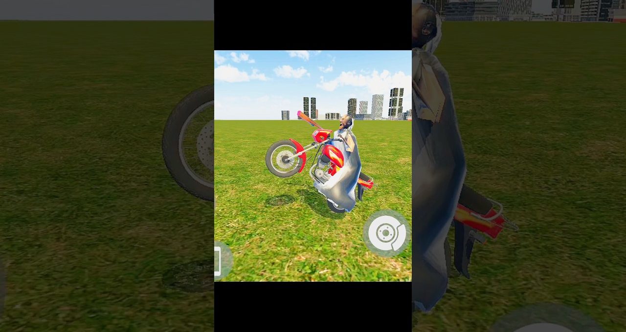 Person in hooded cloak wheeling a red dirt bike on a grassy field