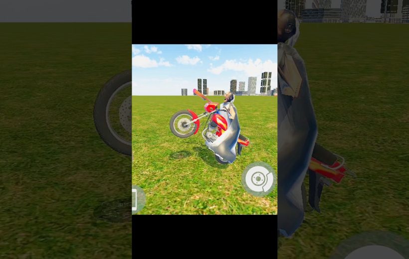 Person in hooded cloak wheeling a red dirt bike on a grassy field
