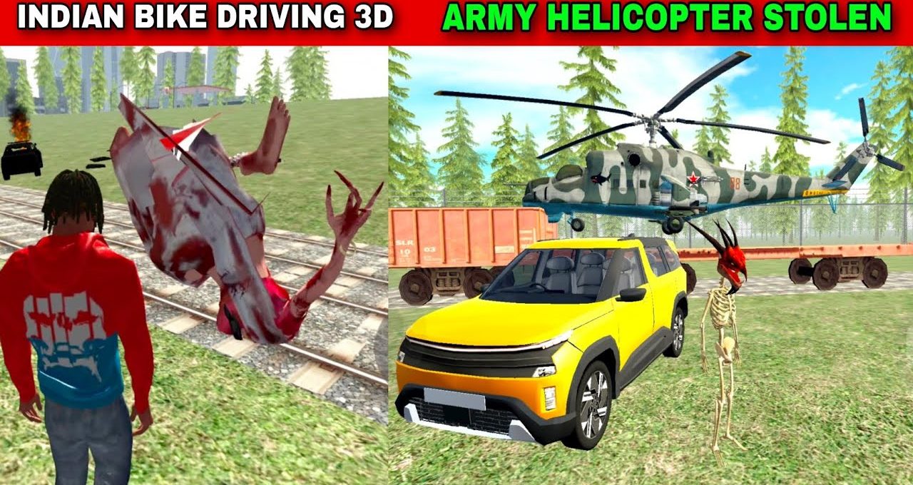 Split-screen game scene showing a crashed bike, yellow SUV, and camo helicopter.