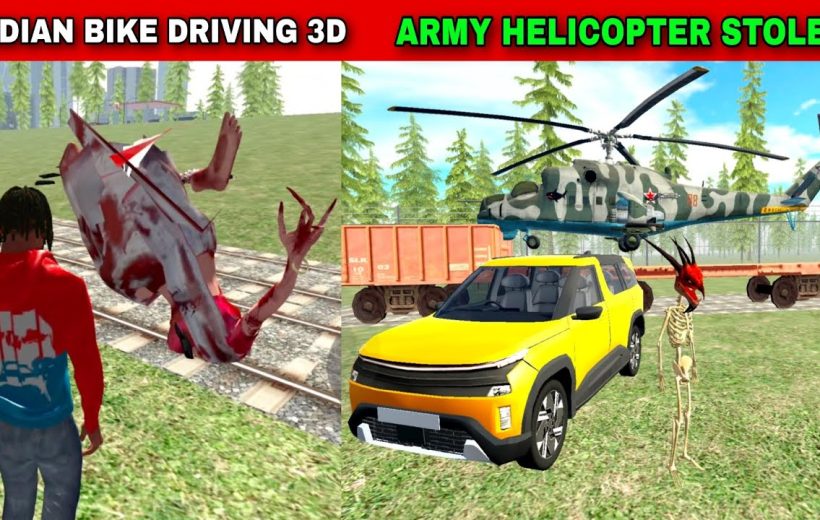 Split-screen game scene showing a crashed bike, yellow SUV, and camo helicopter.