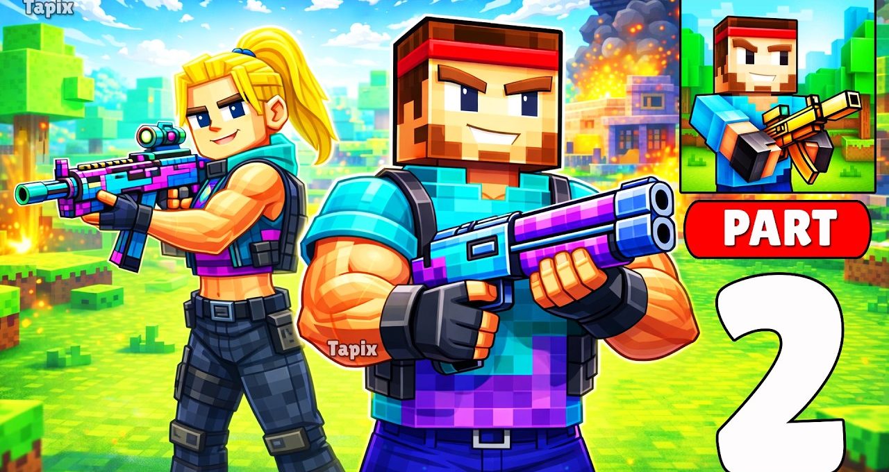 Two blocky Minecraft-style characters armed with colorful guns in grassy battlefield