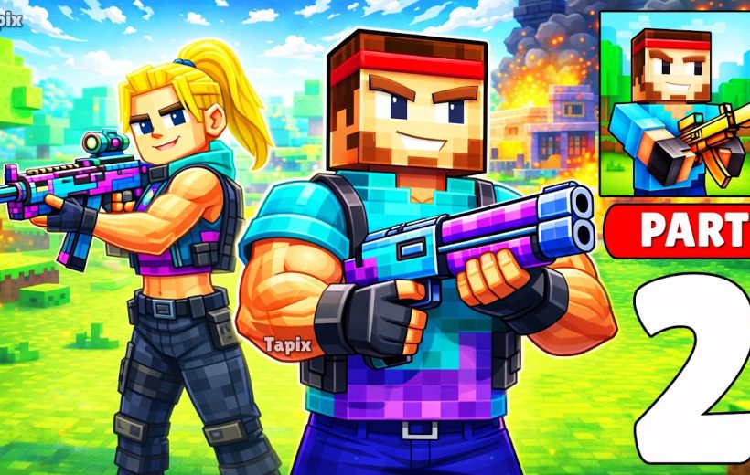 Two blocky Minecraft-style characters armed with colorful guns in grassy battlefield