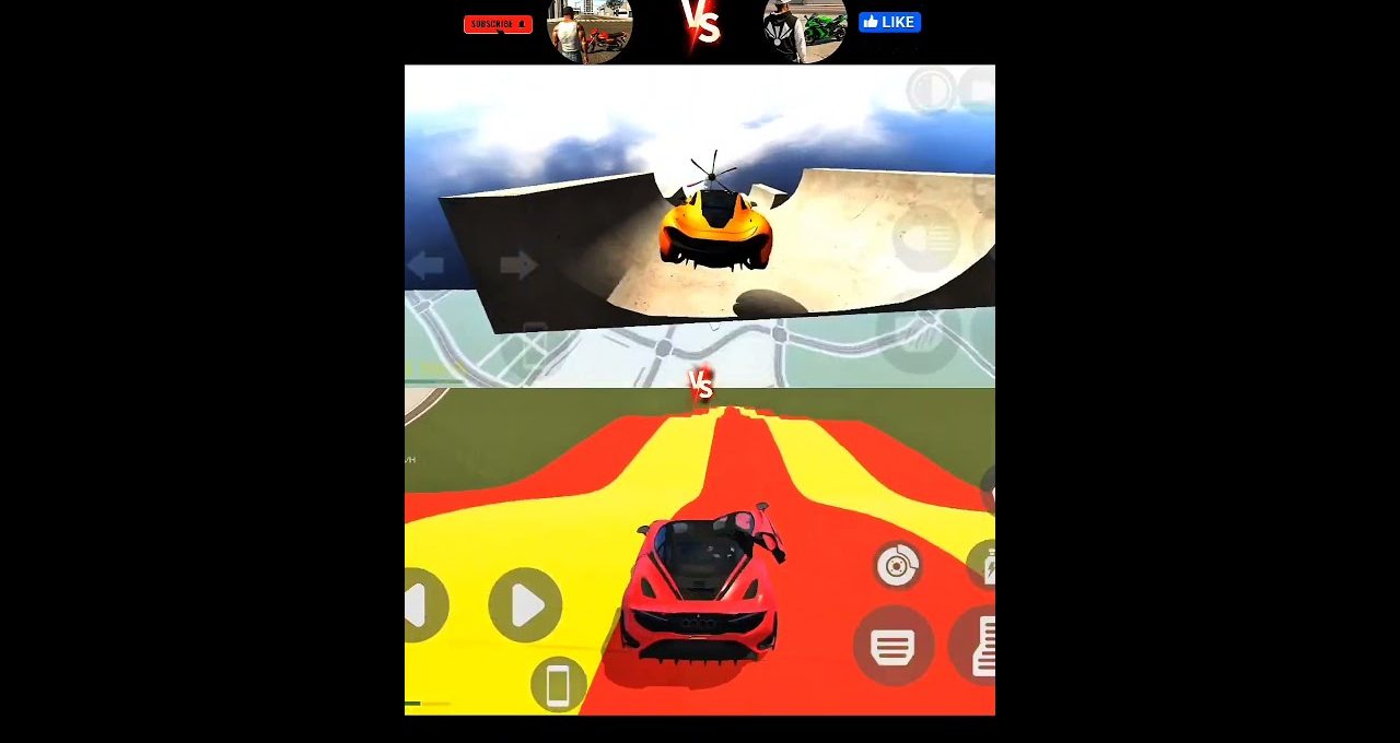 Split-screen racing game showing two sports cars on colorful stunt tracks performing jumps