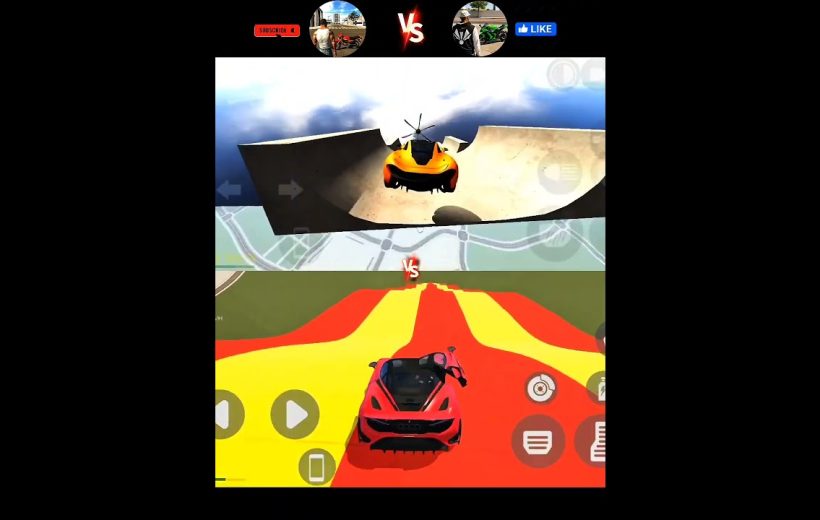 Split-screen racing game showing two sports cars on colorful stunt tracks performing jumps