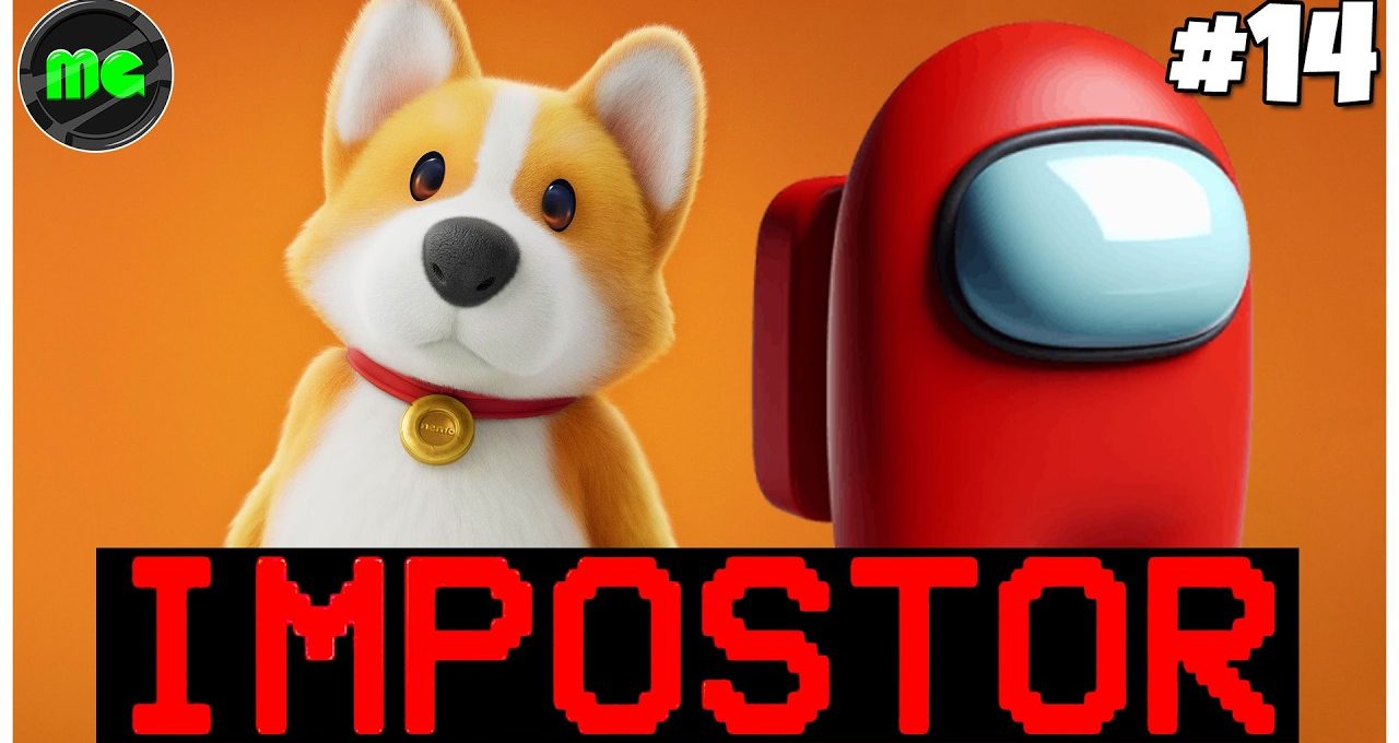 Corgi wearing a collar beside a red Among Us crewmate with "IMPOSTOR" text
