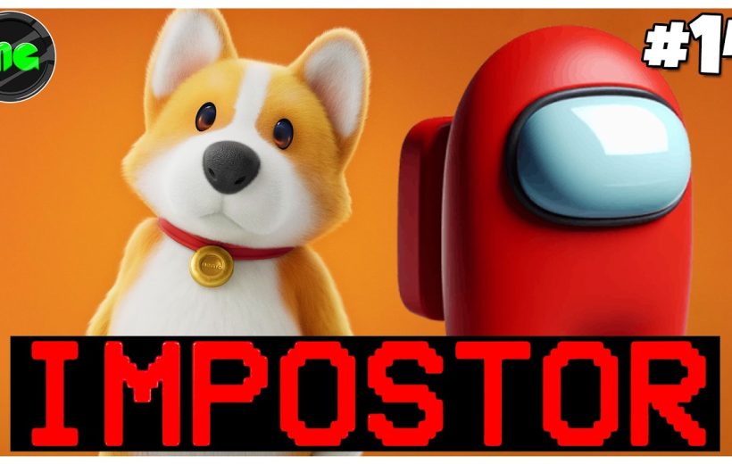 Corgi wearing a collar beside a red Among Us crewmate with "IMPOSTOR" text