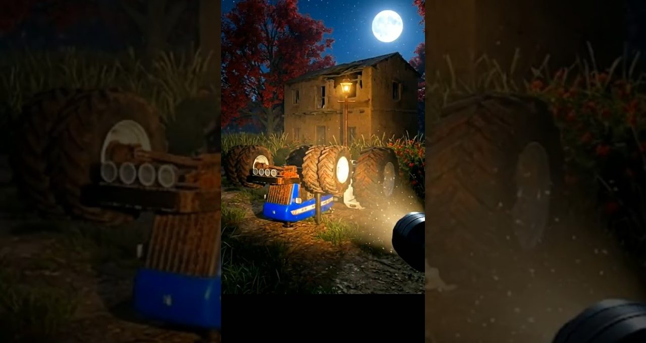 Upside-down toy tractor lit by flashlight near abandoned house under full moon