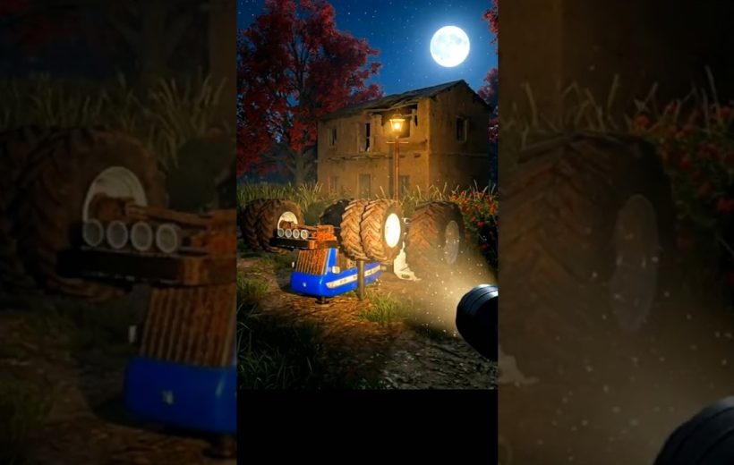 Upside-down toy tractor lit by flashlight near abandoned house under full moon