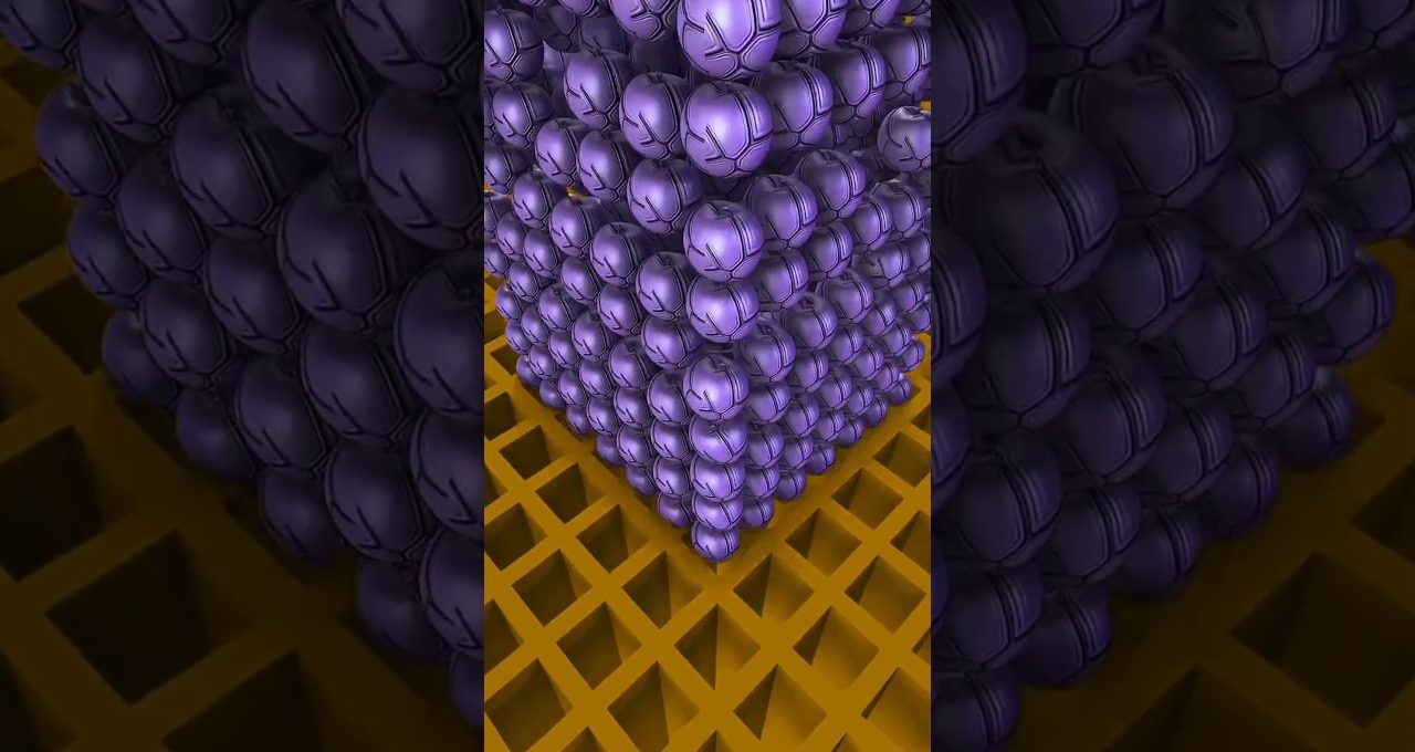 Stacked cube formed from shiny purple spheres resting on a yellow grid surface
