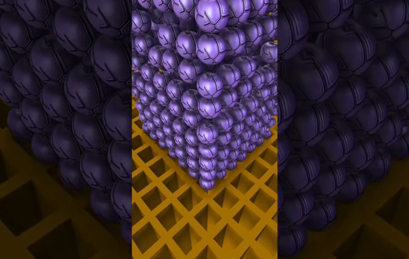 Stacked cube formed from shiny purple spheres resting on a yellow grid surface