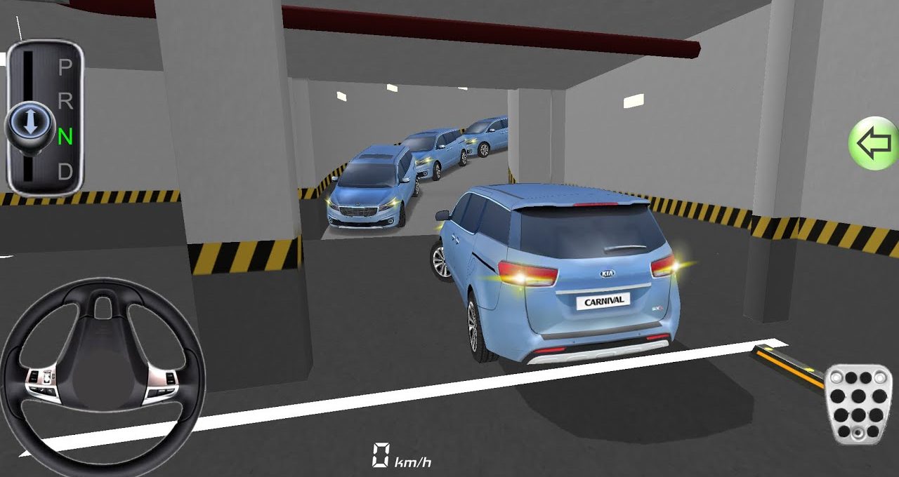 Blue SUV reversing into parking garage bay with steering wheel and pedals visible
