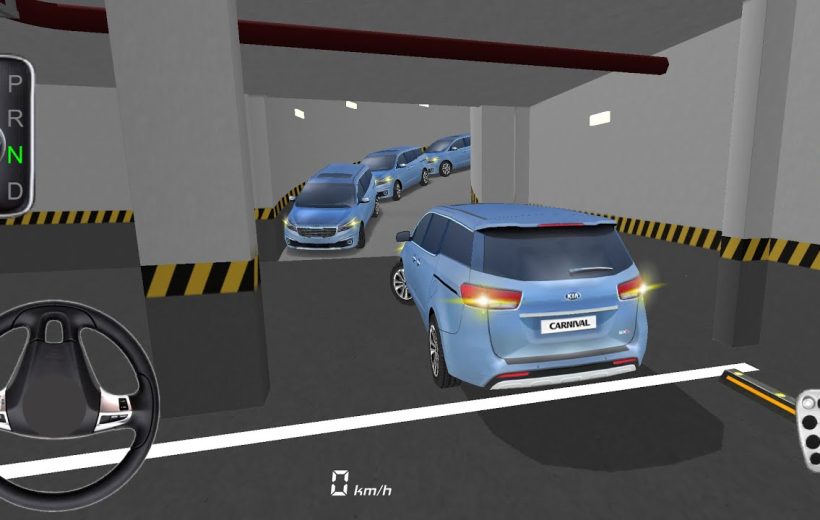 Blue SUV reversing into parking garage bay with steering wheel and pedals visible