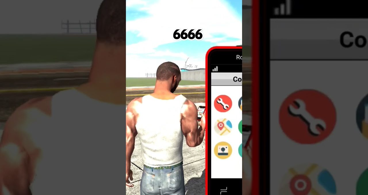 Muscular man in tank top using smartphone near road with large app overlay and number 6666