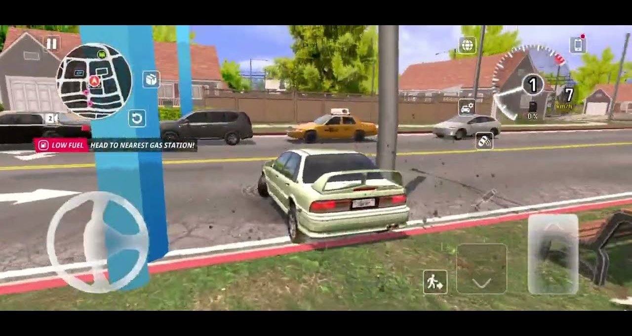 Green sedan crashed into a pole on a suburban street in a driving game