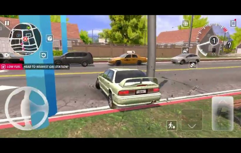 Green sedan crashed into a pole on a suburban street in a driving game
