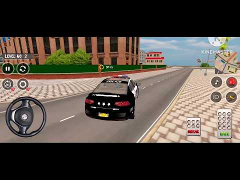 Black police cruiser driving down a city street in a mobile driving game