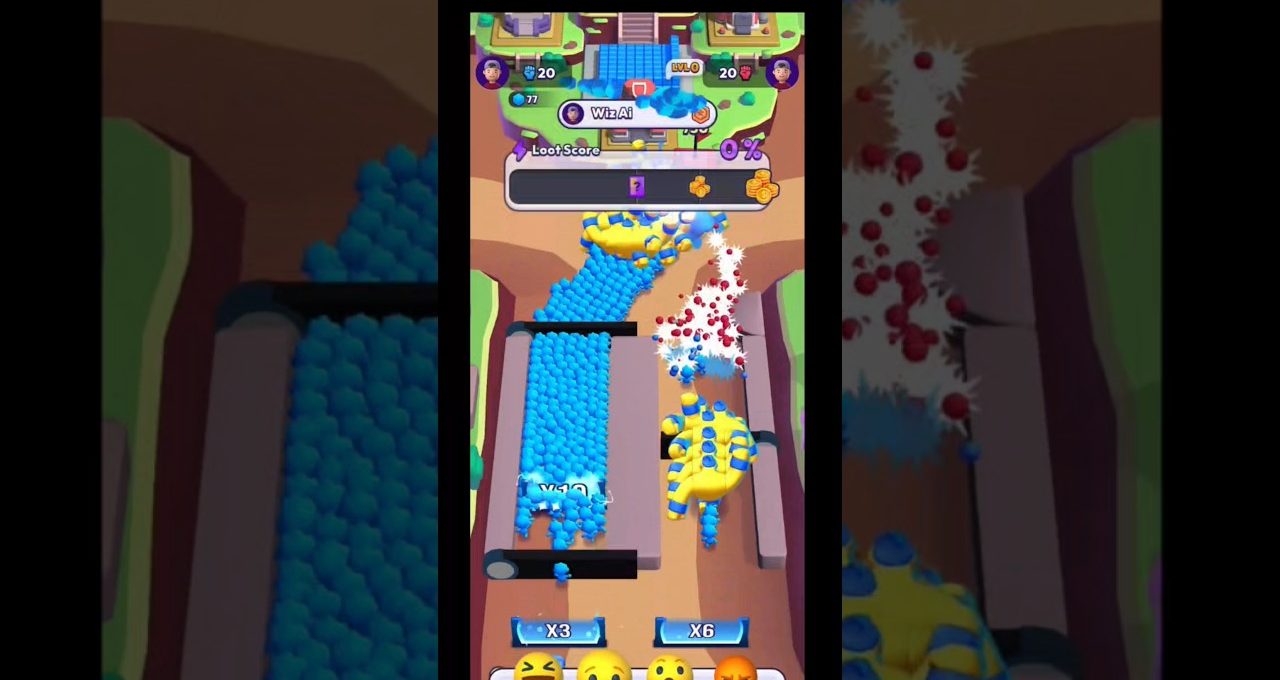 Mobile game screenshot showing blue characters flowing through an obstacle course with explosions