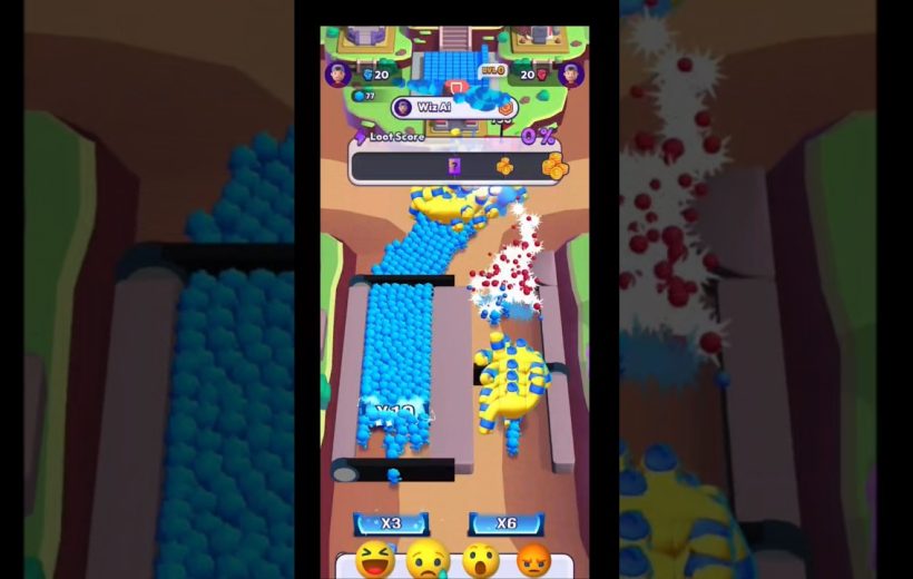 Mobile game screenshot showing blue characters flowing through an obstacle course with explosions