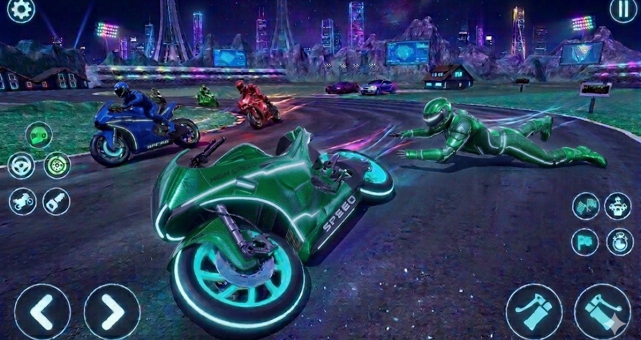 Futuristic motorcycle racers on neon track with fallen rider beside a crashed bike