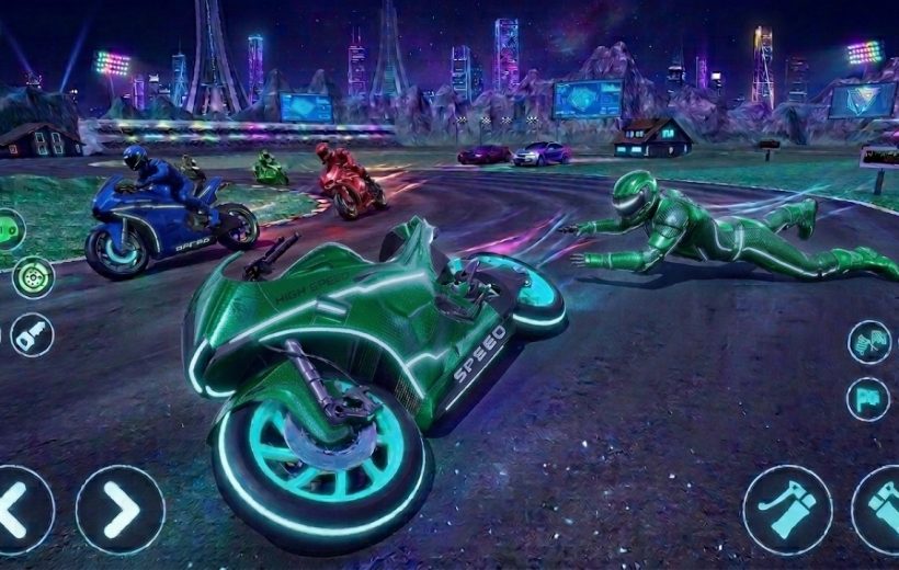 Futuristic motorcycle racers on neon track with fallen rider beside a crashed bike