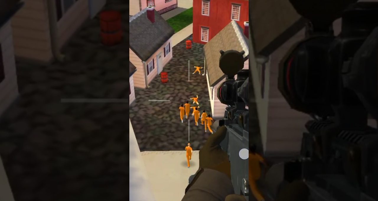 Player aiming a scoped rifle at orange-clad characters running through a village street