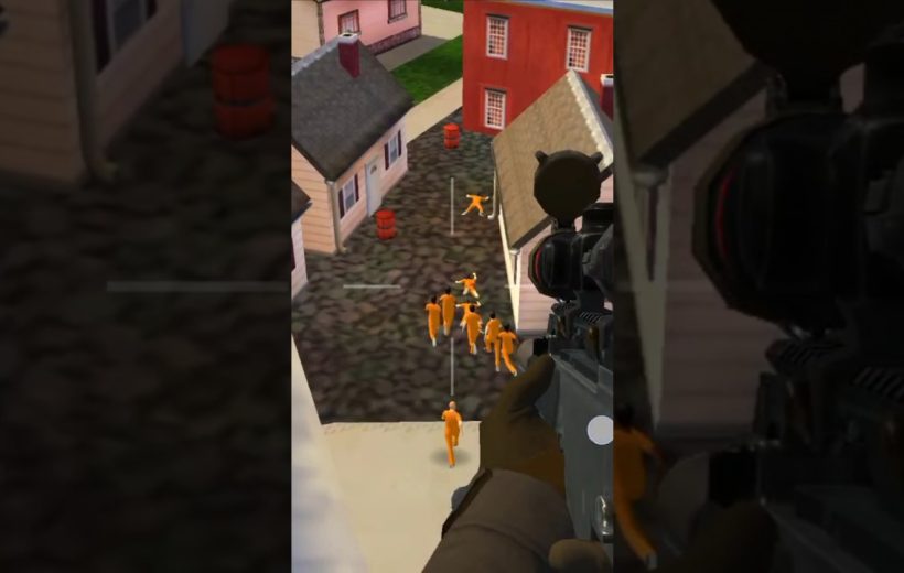 Player aiming a scoped rifle at orange-clad characters running through a village street