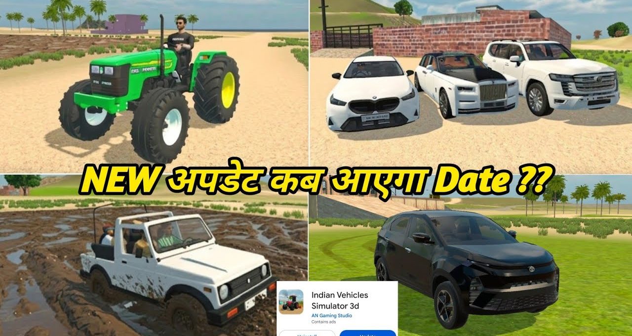 Collage showing various 3D vehicles and tractors from an Indian vehicle simulator game.