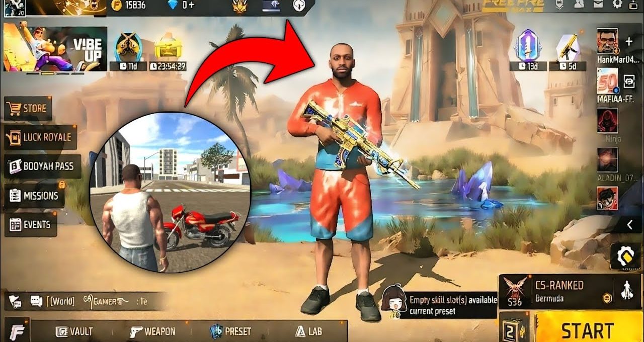 Game HUD showing a character holding a rifle in a desert oasis lobby screen