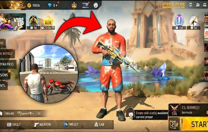 Game HUD showing a character holding a rifle in a desert oasis lobby screen