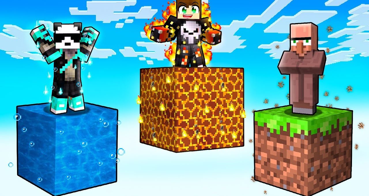 Three Minecraft characters standing on floating water, lava, and grass blocks in sky