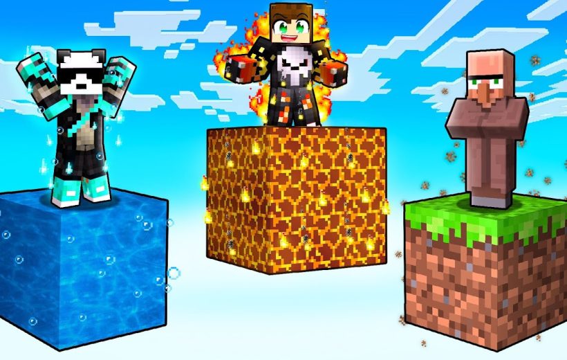 Three Minecraft characters standing on floating water, lava, and grass blocks in sky