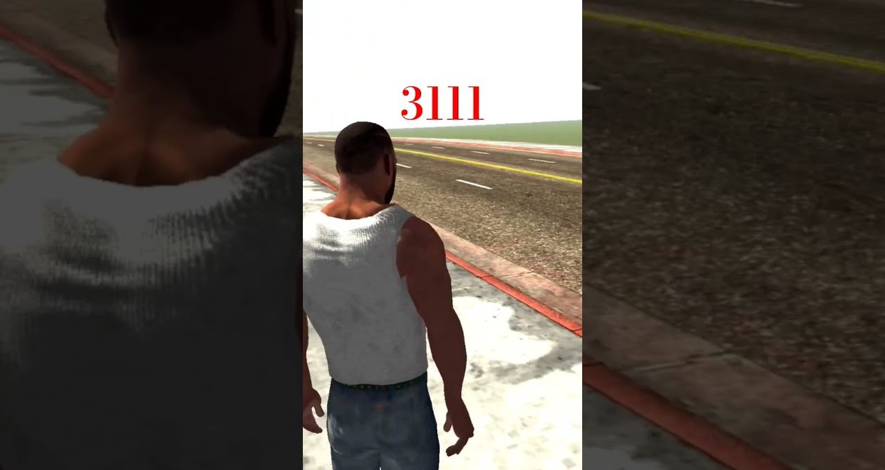 Male character in white tank top standing on sidewalk beside a quiet road with "3111" text