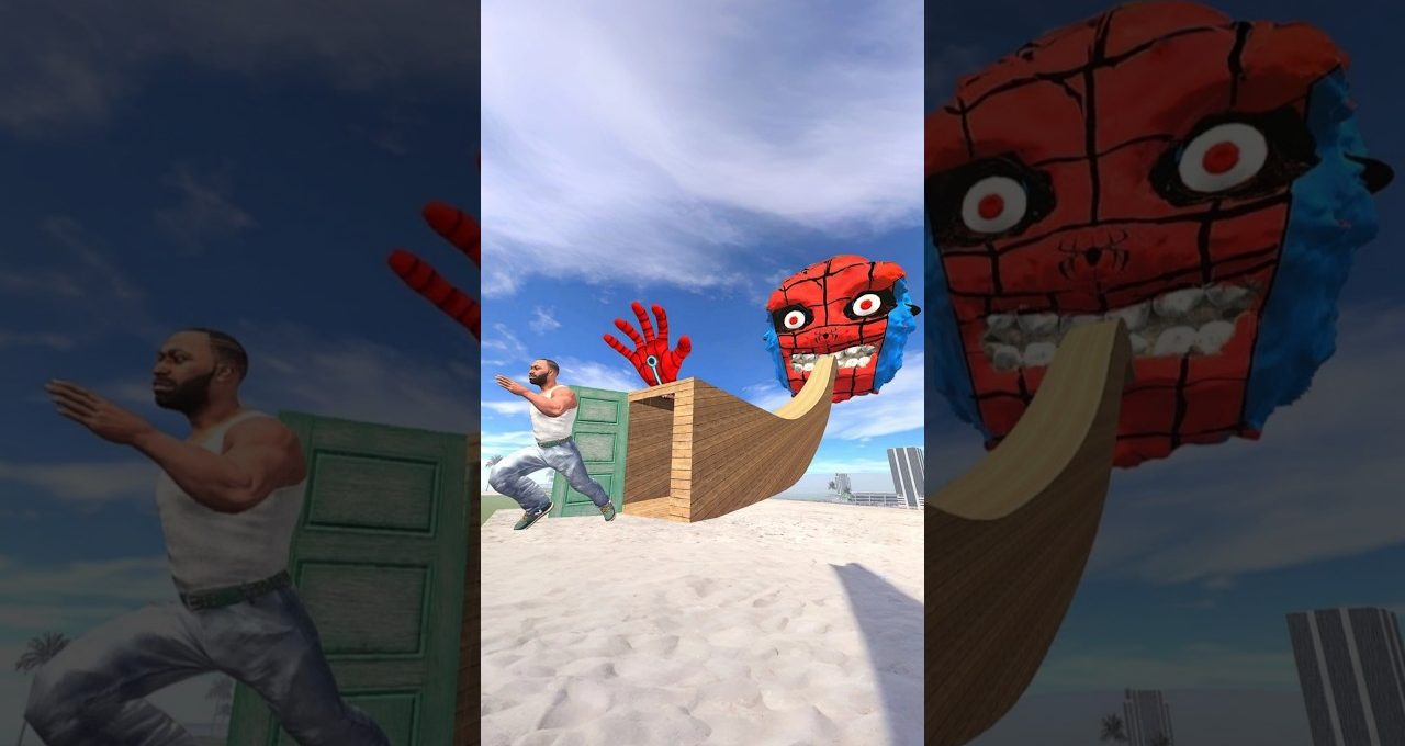 Man running on beach past wooden ramp toward giant red grinning mask with tongue.