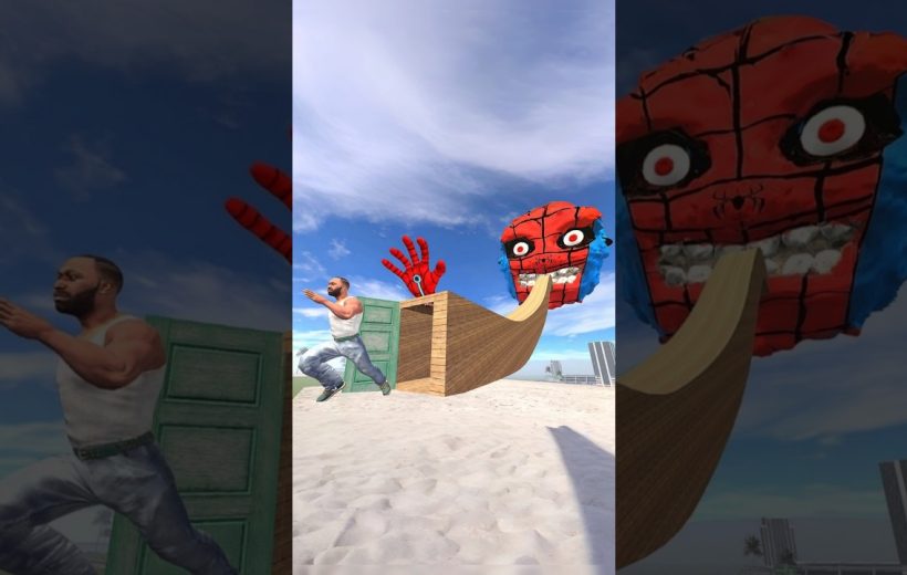 Man running on beach past wooden ramp toward giant red grinning mask with tongue.
