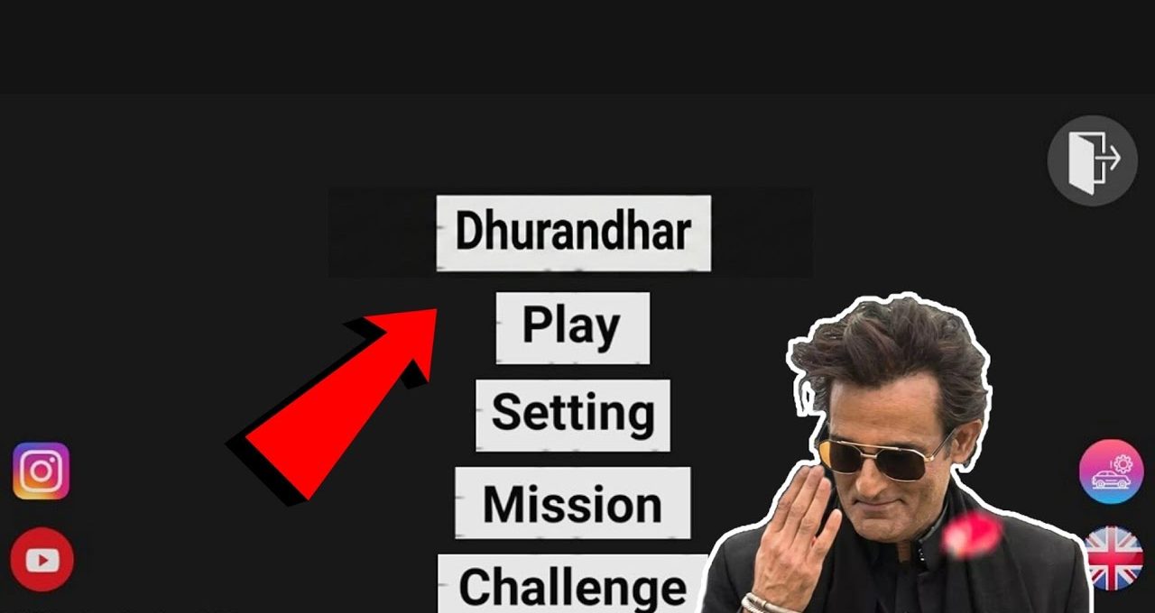 Game menu screen showing options "Play, Setting, Mission, Challenge" with actor cutout and arrow