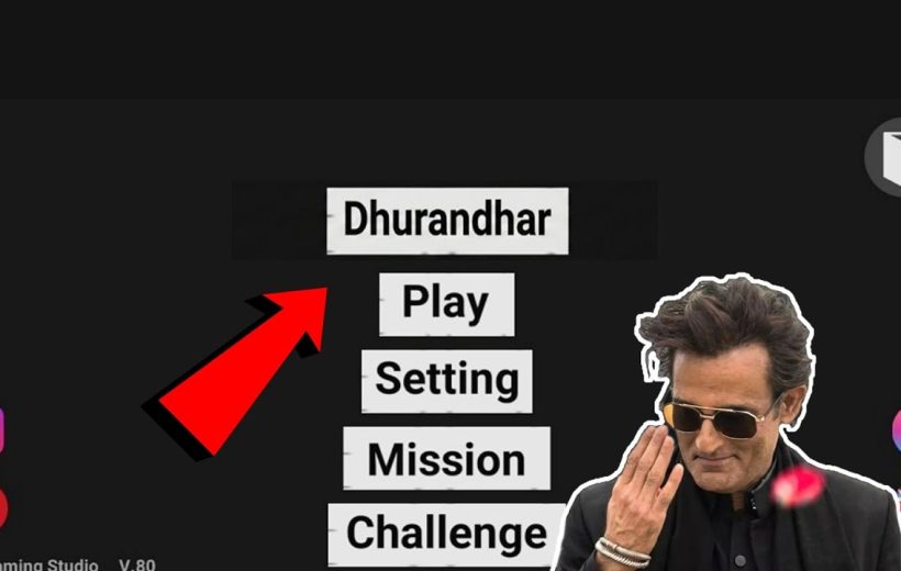 Game menu screen showing options "Play, Setting, Mission, Challenge" with actor cutout and arrow