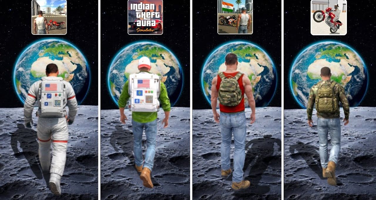 Four men with different backpacks walking on the moon toward Earth in background