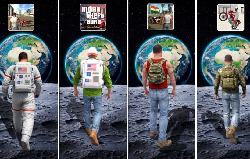 Four men with different backpacks walking on the moon toward Earth in background