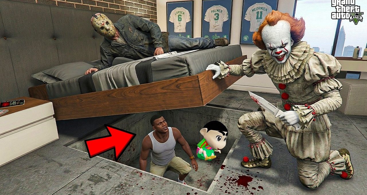 Clown with bloody knife menacing a man emerging from a floor hatch in bedroom