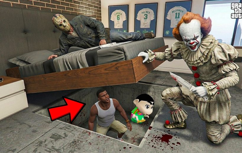Clown with bloody knife menacing a man emerging from a floor hatch in bedroom
